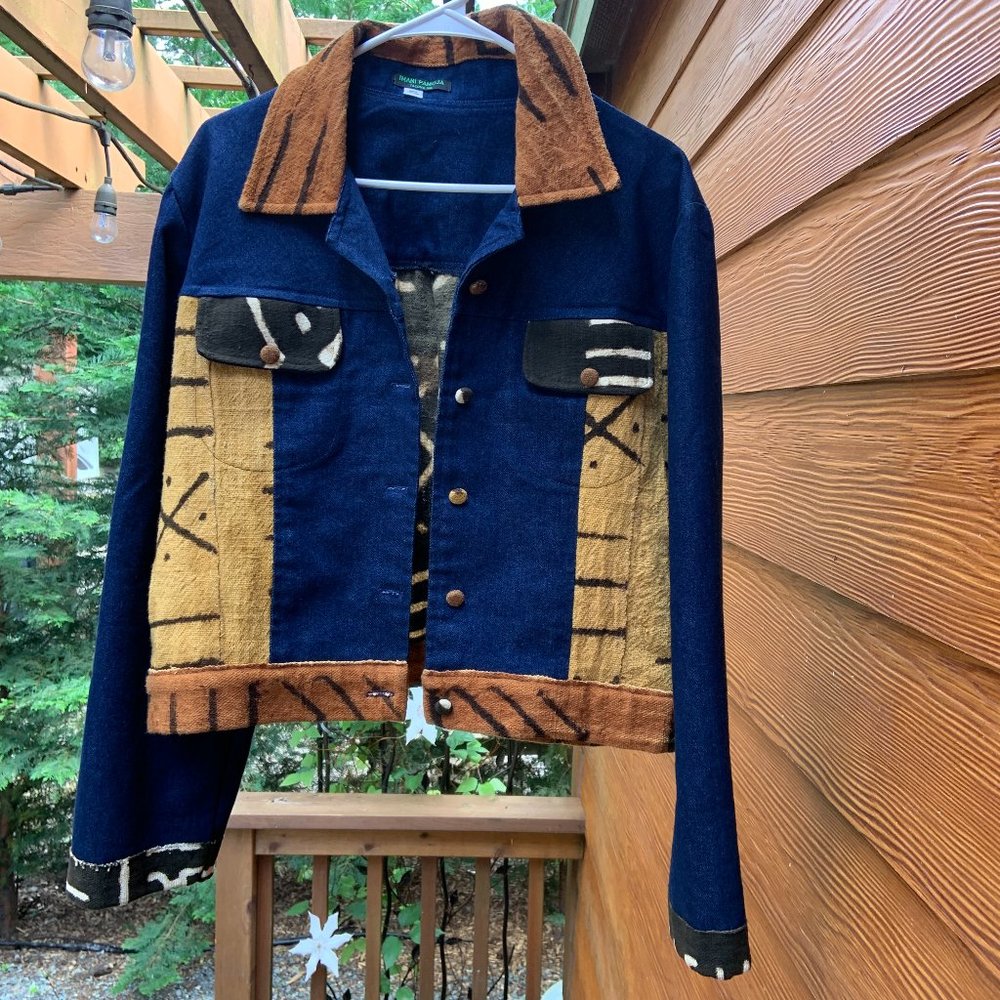 Authentic African Mud Cloth Fabric with Denim Jacket - NWOT